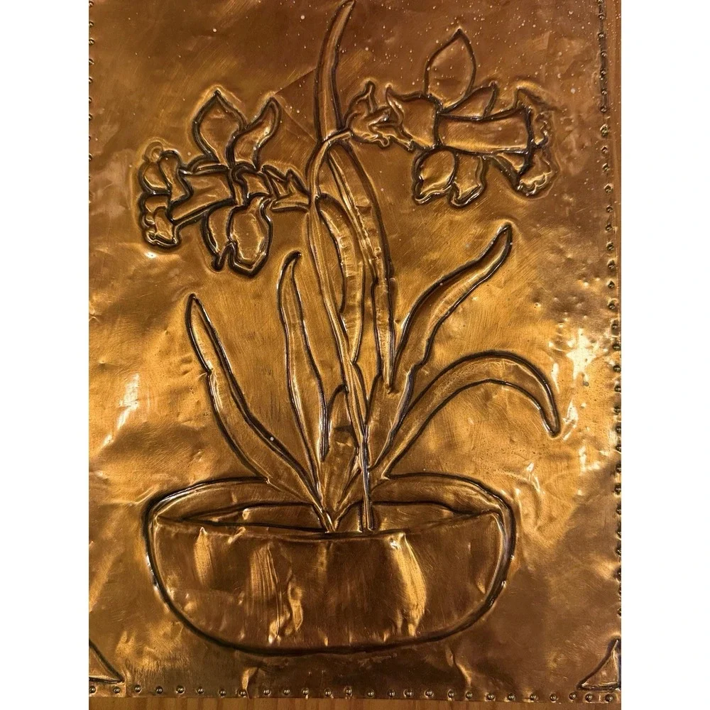 VTG Handmade Wooden & Hammered Copper Relief Floral Memory Scrapbook Book
